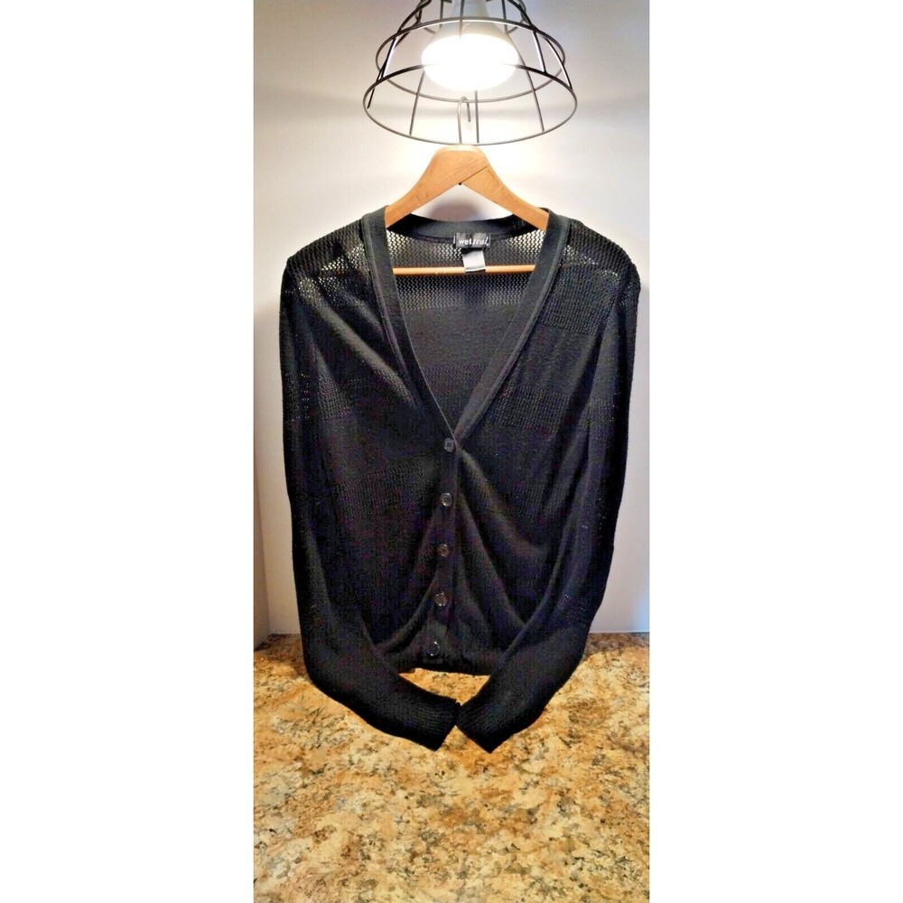 Black cardigan sweater thin cardigan black lace like knit wet seal Women